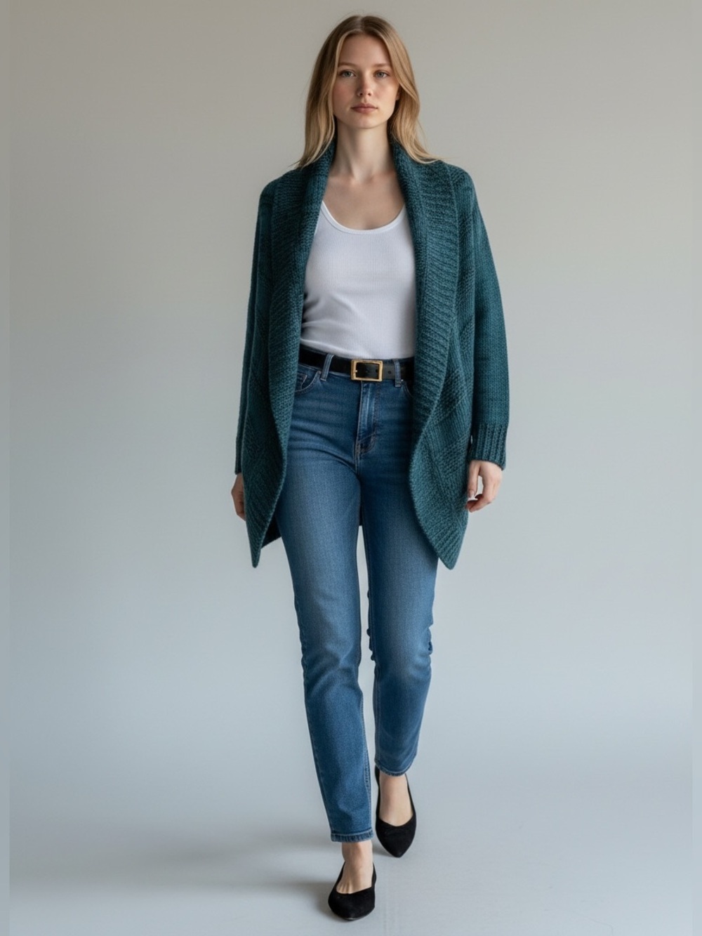 Ricki’s  Circle Cardigan Open Front Draped Collar Sweater Teal Green Black Small